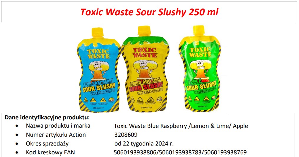 Toxic Waste Sour Slushy 250 ml w smakach Blue Raspberry, Lemon & Lime oraz Apple w Action /Action/screenshot /INTERIA.PL