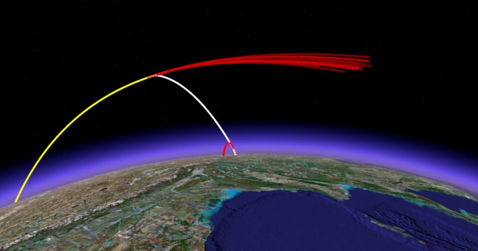 Trajektoria lotu pocisku ASAT (kolor biały), satelity (kolor żółty) oraz szczątków i pierwszego stopnia pocisku ASAT (kolor czerwony) /materiały prasowe