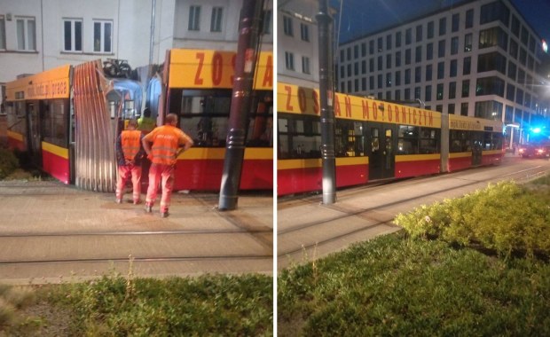Tramwaj przełamał się na przegubie. Kolizja w Łodzi [ZDJĘCIA]