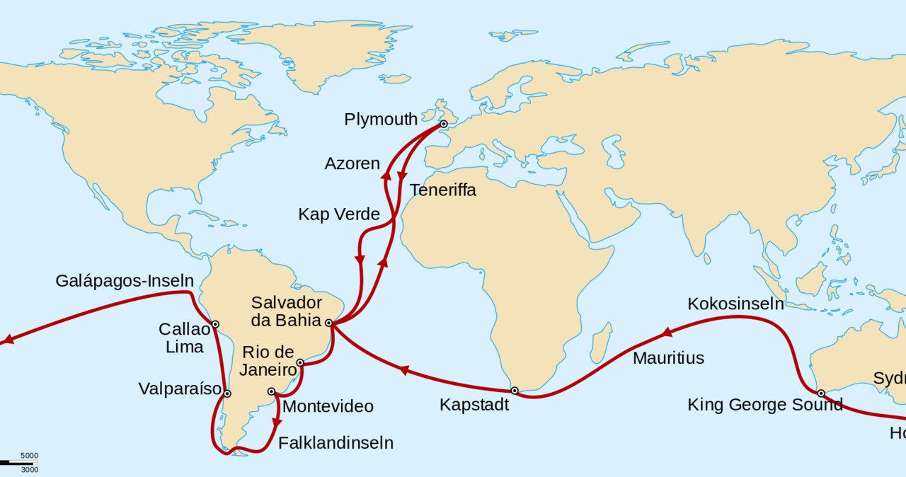 Trasa drugiej wyprawy HMS Beagle z Karolem Darwinem na pokładzie /Succu/CC BY-SA 3.0 DEED (https://creativecommons.org/licenses/by-sa/3.0/deed.en) /Wikimedia