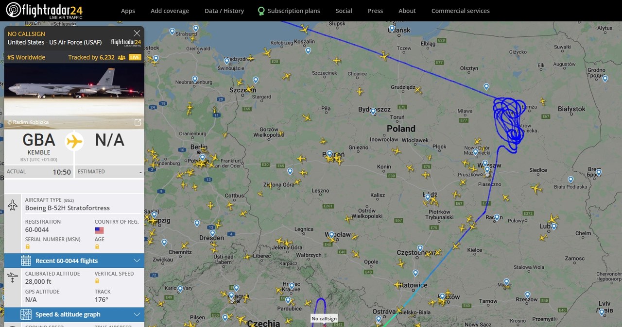 Trasa lotu B-52 nad Polską /Flightradar24.com /materiał partnera