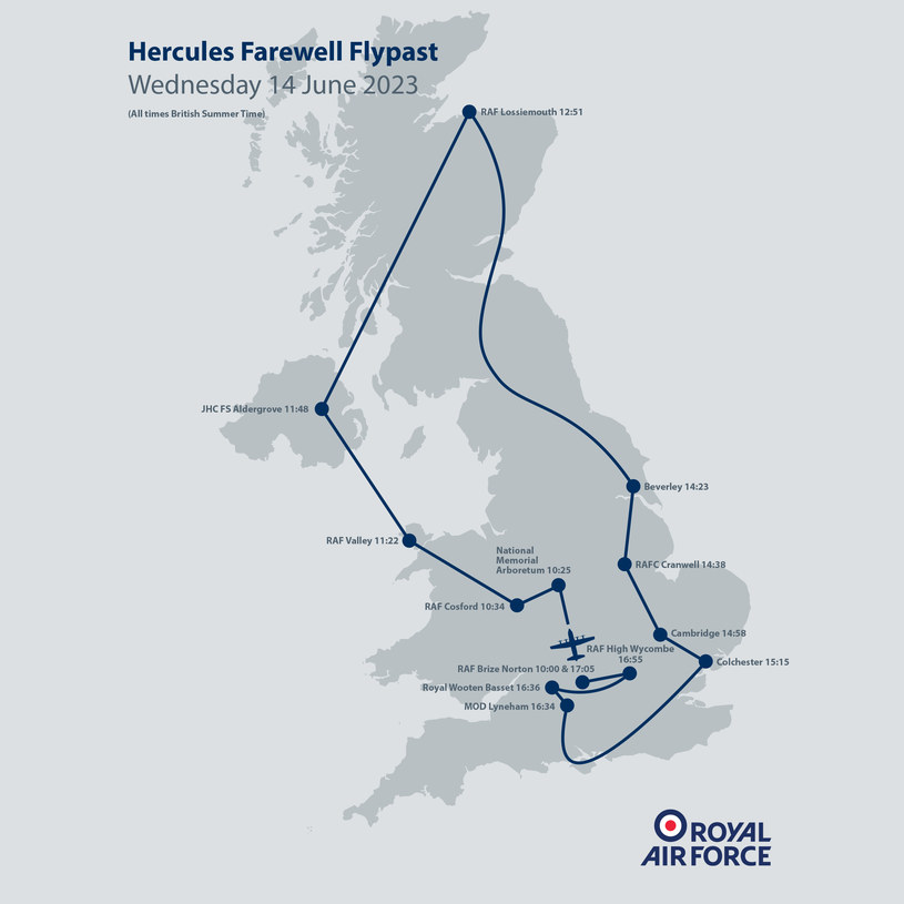 Trasa lotu z zaznaczonymi najważniejszymi bazami RAF, nad jakimi przeleziały Herkulesy /Royal Air Force /Twitter