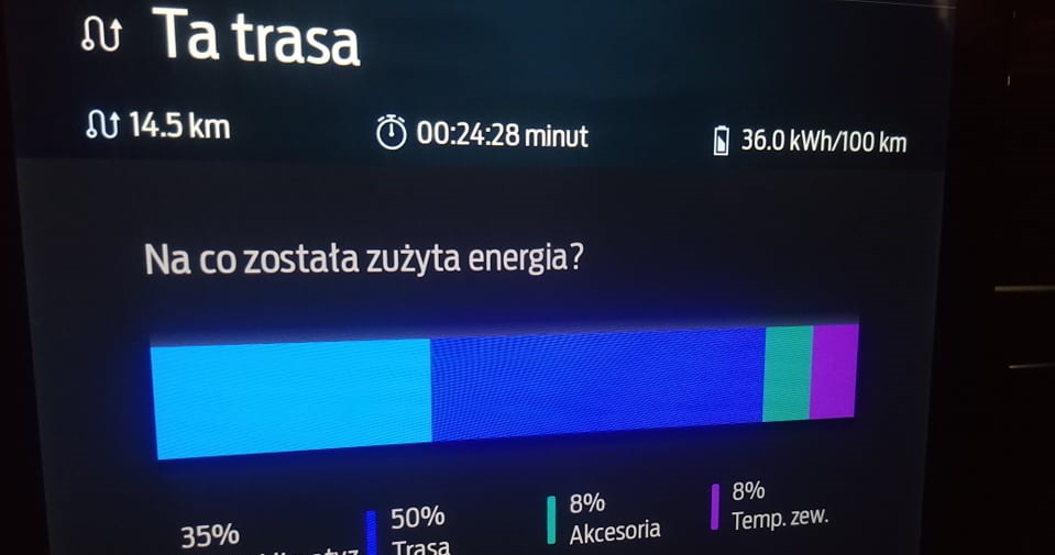 Trasa Mustangiem Mach-e z kompletem pasażerów. Temperatura zewnętrza 3 stopnie, padający deszcz. Silnik zużył tylko 50 proc. całej energii /INTERIA.PL