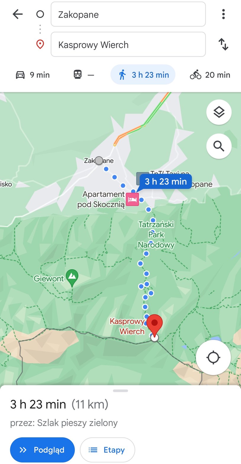 Trasa piesza z Zakopanego na Kasprowy Wierch w Mapach Google. /materiał zewnętrzny