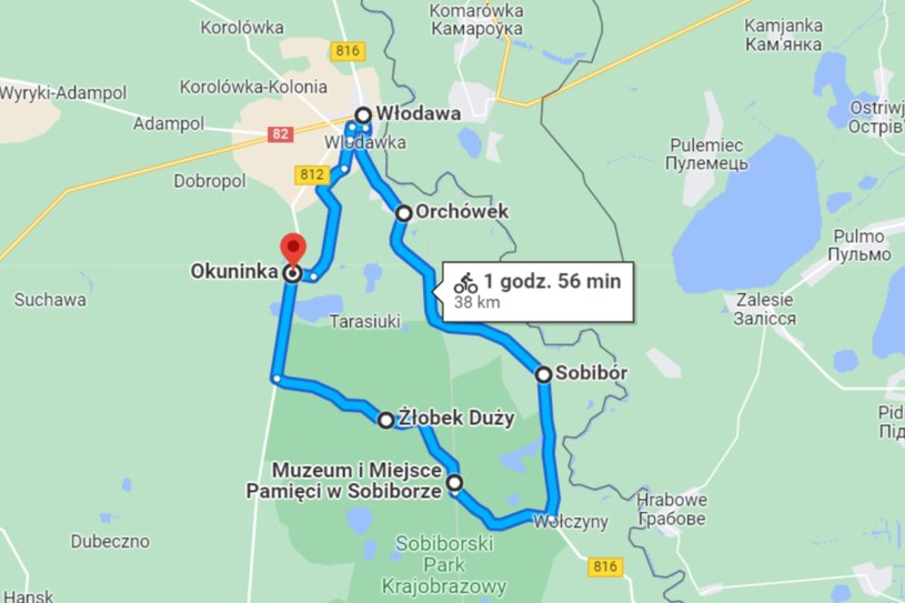 Trasa wycieczki rowerowej zaczyna się w Okunince i prowadzi przez Żłobek, Sobibór, Orchówek i Włodawę /Google Maps /INTERIA.PL