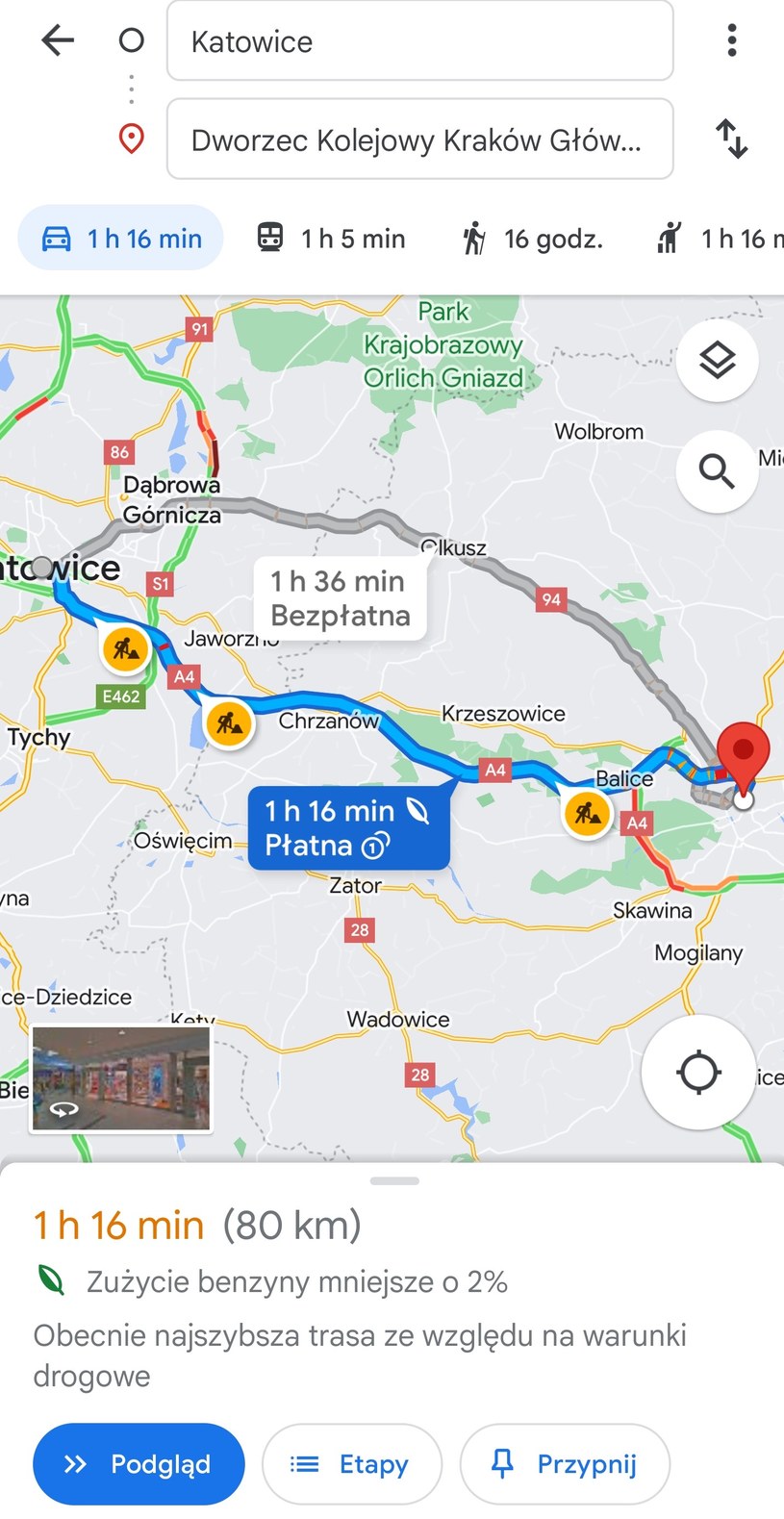 Trasa z Katowic do Krakowa samochodem wyznaczona w Mapach Google. /materiał zewnętrzny