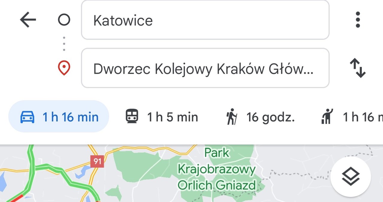 Trasa z Katowic do Krakowa samochodem wyznaczona w Mapach Google. /materiał zewnętrzny