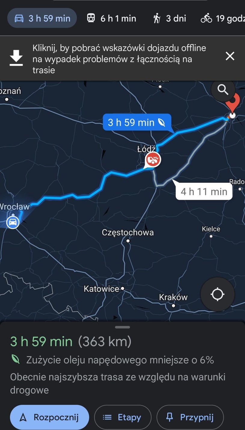 Trasa z Wrocławia do Warszawy trasą S8/A1/A2 jest drogą optymalną pod względem szybkości, czasu i oszczędnej jazdy, zatem skąd te 6% oszczędności? / screen: Google Maps /
