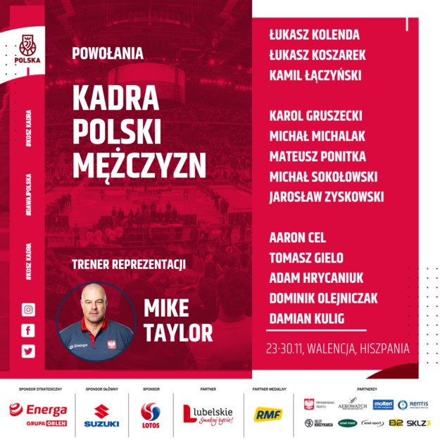 Trener reprezentacji Polski, Mike Taylor, wybrał 13 zawodników, którzy wezmą udział w meczach kwalifikacyjnych do EuroBasketu 2022 z Rumunią i Izraelem /Materiały prasowe