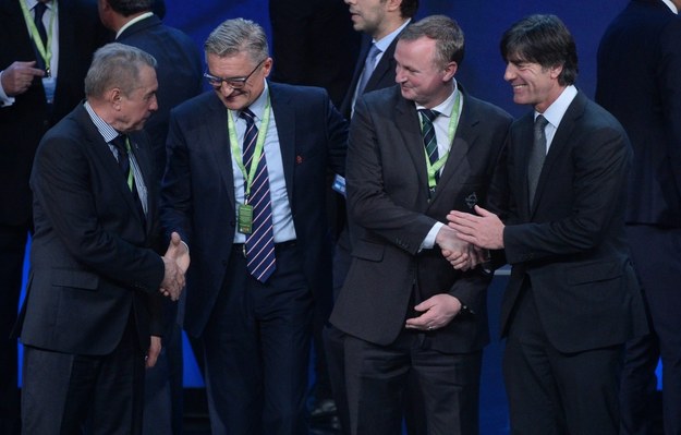 Trenerzy grupy C: Adam Nawałka (2L), Mychajło Fomenko (L) z Ukrainy, Niemiec Joachim Loew (P) i Michael O'Neill (2P) z Irlandii Północnej /PAP/Bartłomiej Zborowski /PAP