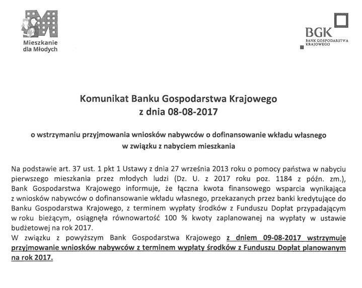 Treść komunikatu BGK /Zrzut ekranu