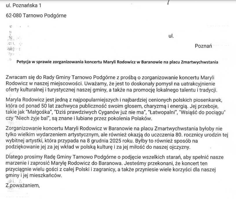 Treść petycji w sprawie koncertu Maryli Rodowicz wysłana do władz Tarnowa Podgórnego /bip2.tarnowo-podgorne.pl /materiał zewnętrzny