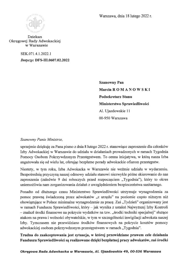 Treść pisma, które adwokaci wysłali do Ministerstwa Sprawiedliwości /Okręgowa Rada Adwokacka w Warszawie /