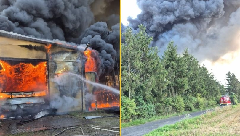Trwa akcaja gaśnicza ogień pojawił się w hali z tworzywami sztucznymi w Siarzewie w kujawsko-pomorskiem /PSP Aleksandrów Kujawski /