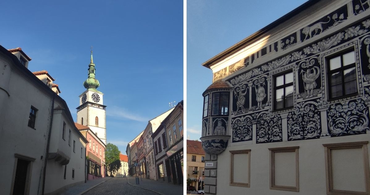 Trzebicz. Po lewej: wieża kościoła św. Marcina, po prawej: Malowany dom przy rynku głównym /Natalia Grygny /Archiwum autora