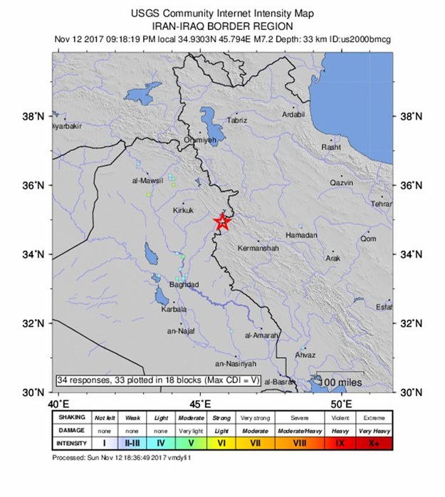Trzęsienie ziemi miało magnitudę 7,3 /USGS / HANDOUT HANDOUT EDITORIAL USE ONLY /PAP/EPA