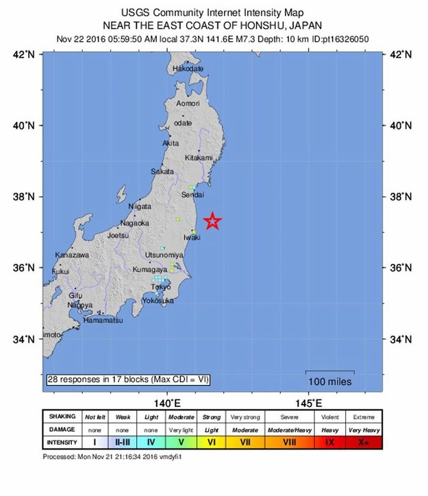 Trzęsienie ziemi o magnitudzie 7,3 nawiedziło północno-wschodnią Japonię /USGS/HANDOUT /PAP/EPA