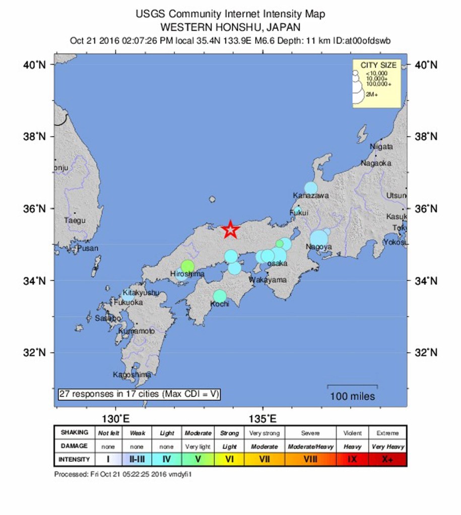 Trzęsienie ziemi o siele 6.6 st. w skali Richtera nawiedziło prefekturę Tottori w Japonii / 	PAP/EPA/USGS /PAP/EPA