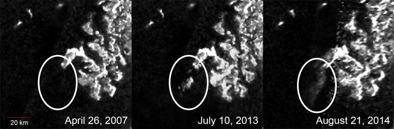 Trzy ujęcia dziwnego obiektu wykonane przez radar sondy Cassini w różnych momentach. /materiały prasowe