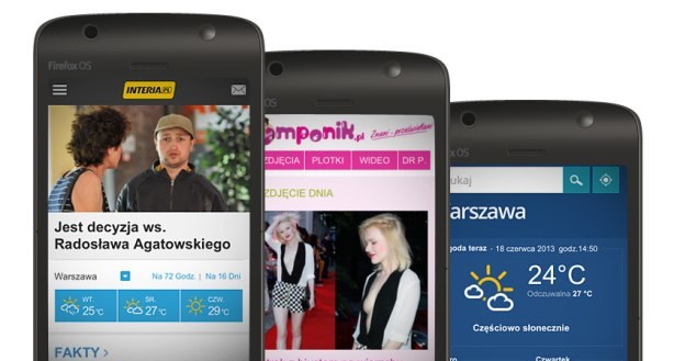 Trzy z ośmiu przygotowanych przez INTERIA.PL aplikacji dla systemu Firefox OS - Informacje, Pomponik.pl oraz Pogoda /INTERIA.PL