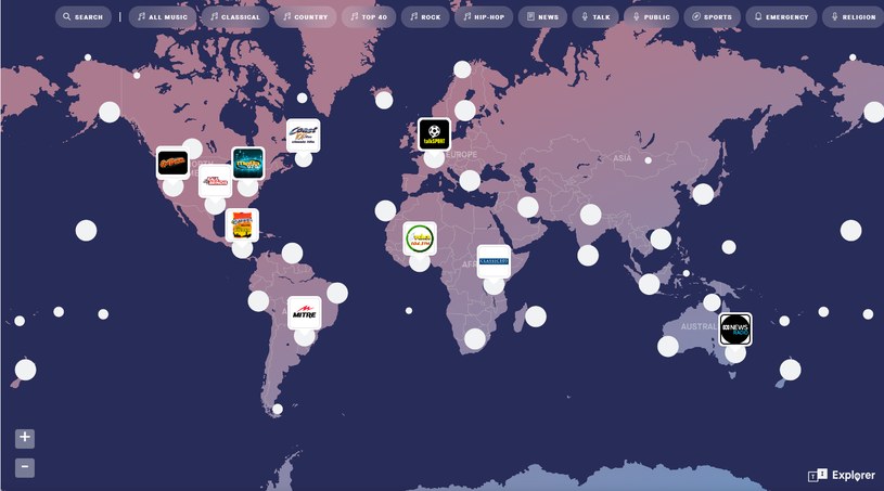 TuneIn Explorer to interaktywna mapa światowych stacji radiowych /Zrzut ekranu/TuneIn Explorer/tunein.com/explorer /materiał zewnętrzny