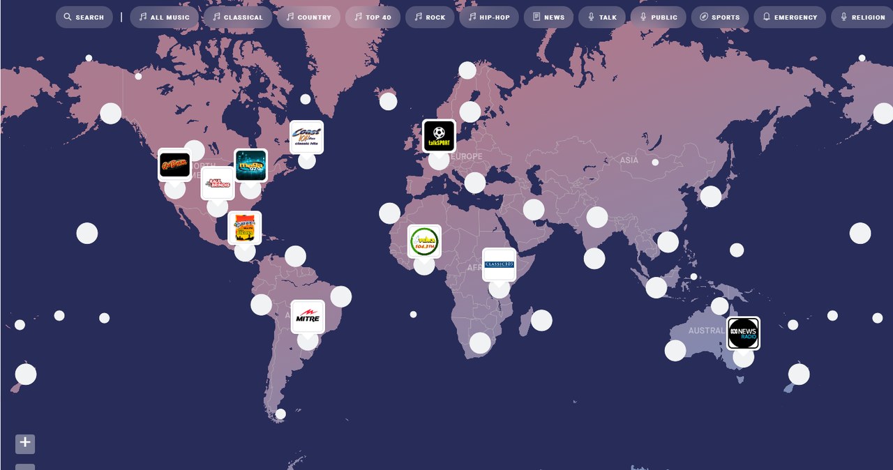 TuneIn Explorer to interaktywna mapa światowych stacji radiowych /Zrzut ekranu/TuneIn Explorer/tunein.com/explorer /materiał zewnętrzny