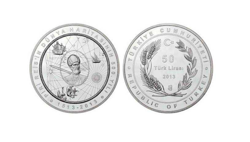 Turecka moneta upamiętniająca Piri Reisa i jego słynną mapę /domena publiczna