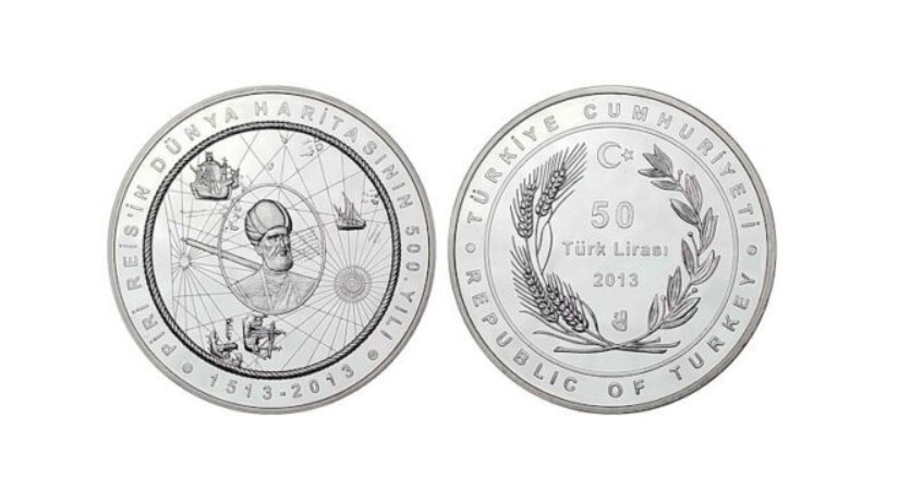 Turecka moneta upamiętniająca Piri Reisa i jego słynną mapę /domena publiczna