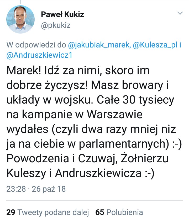 Tweet Pawła Kukiza opublikowany w odpowiedzi na wpis Marka Jakubiaka /Twitter /Zrzut ekranu