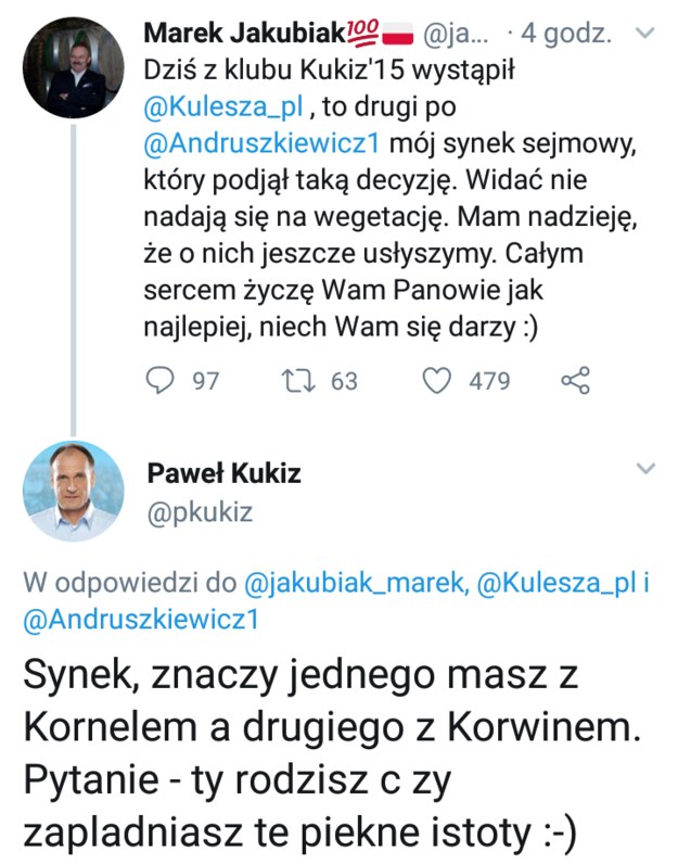 Tweet Pawła Kukiza opublikowany w odpowiedzi na wpis Marka Jakubiaka /Twitter /Zrzut ekranu