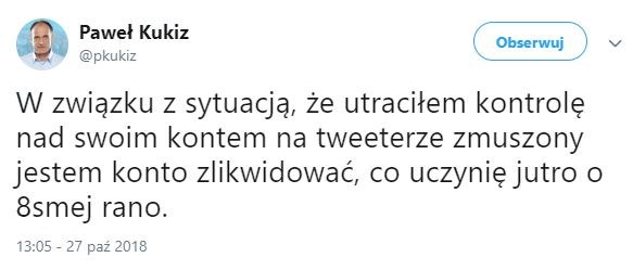 Tweet Pawła Kukiza /Twitter /Zrzut ekranu