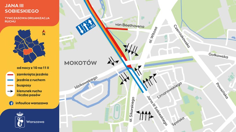 Tymczasowa organizacja ruchu na Sobieskiego od nocy z 10 na 11 lutego /UM Warszawa /materiały prasowe