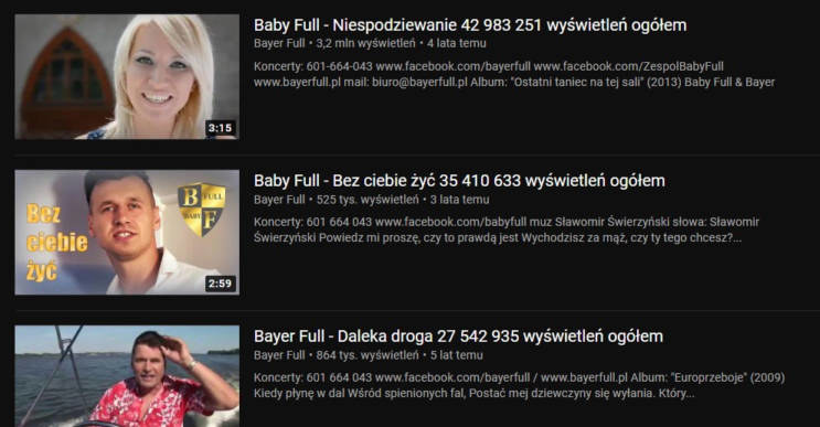 Tytuły teledysków Bayer Full na Youtube /