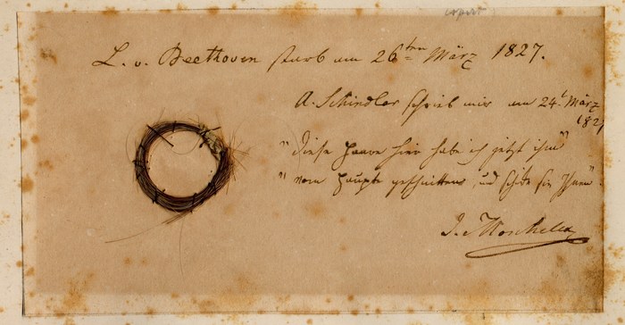 Tzw. "Moscheles Lock" - którego autentyczność potwierdzono - z inskrypcją byłego właściciela Ignaza Moschelesa. /Ira F. Brilliant Center for Beethoven Studies, San Jose State University /Materiały prasowe