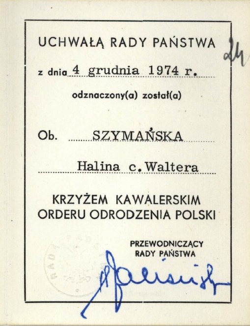 Uchwała Rady Państwa ws. odznaczenia dla Haliny Szymańskiej /z archiwum warszawskiego IPN /
