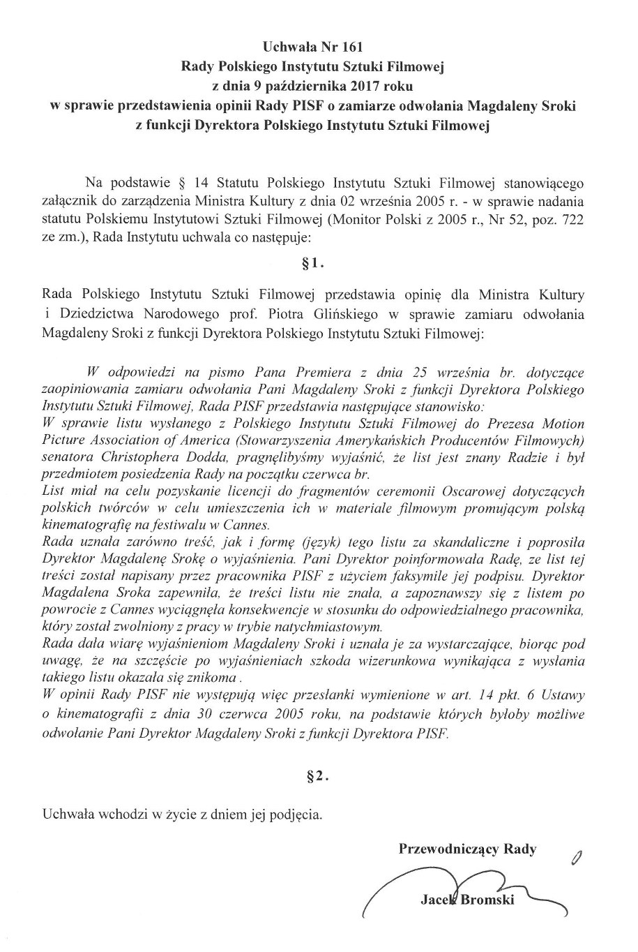 Uchwała rady PISF w sprawie zamiaru odwołania Magdaleny Sroki z funkcji dyrektora PISF /RMF FM