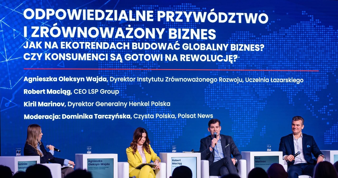 Uczestnicy panelu, od lewej: Dominika Tarczyńska, Czysta Polska, Polsat News. Agnieszka Oleksyn Wajda Dyrektor Instytutu Zrównoważonego Rozwoju, Uczelnia Łazarskiego, Robert Maciąg - CEO LSP Group, Kiril Marinov - Dyrektor Generalny Henkel Polska, /materiały prasowe