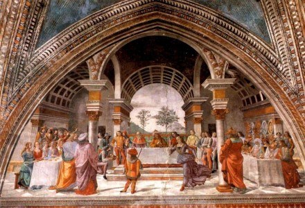 Uczta w pełnym przepychu pałacu Heroda. Obraz Domenico Ghirlandaio. /MWMedia