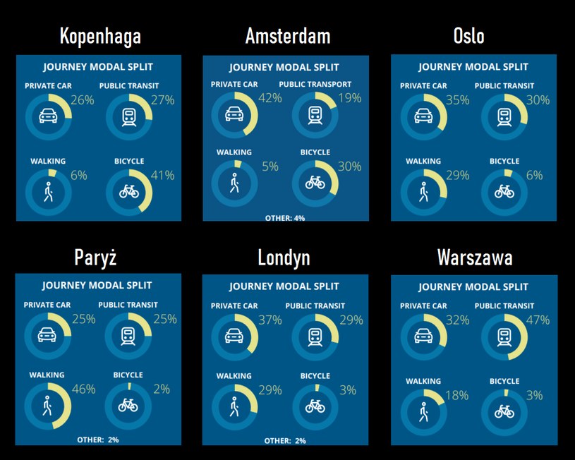Udział poszczególnych gałęzi transportu w miastach - Deloitte City Mobility Index /Informacja prasowa