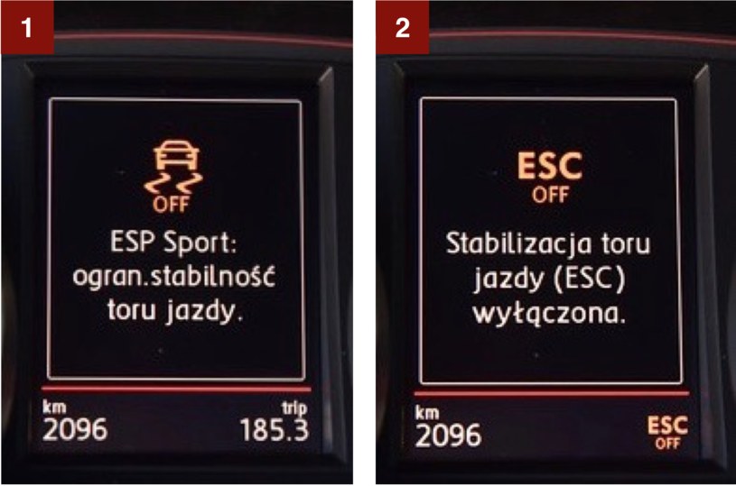 Układ stabilizacji toru jazdy ESC ma trzy ustawienia: w pełni aktywny, sportowy [1]  (reaguje później) oraz wyłączony [2]. /Motor