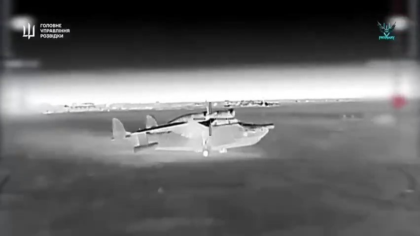 Ukraińcy przy pomocy dronów zniszczyli na Krymie dwa samoloty-amfibie Be-12 "Czajka" (zrzut ekranu z nagranie udostępnionego przez ukraiński wywiad wojskowy) /@DIUkraine (Telegram) /