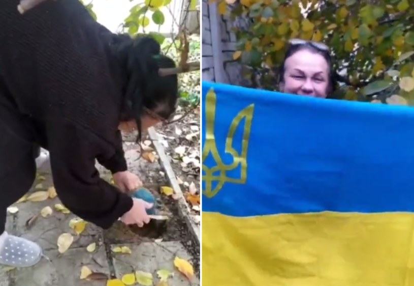 Ukraińska flaga ukryta pod płytą chodnikową w Chersoniu /Telegram