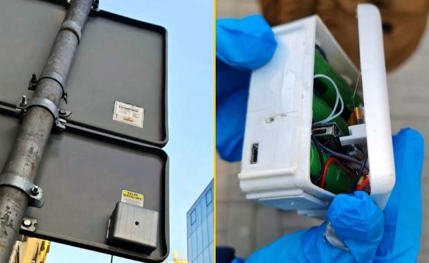 Ukryta kamera w pudełku na znaku drogowym. Obserwowała budynek w centrum Warszawy