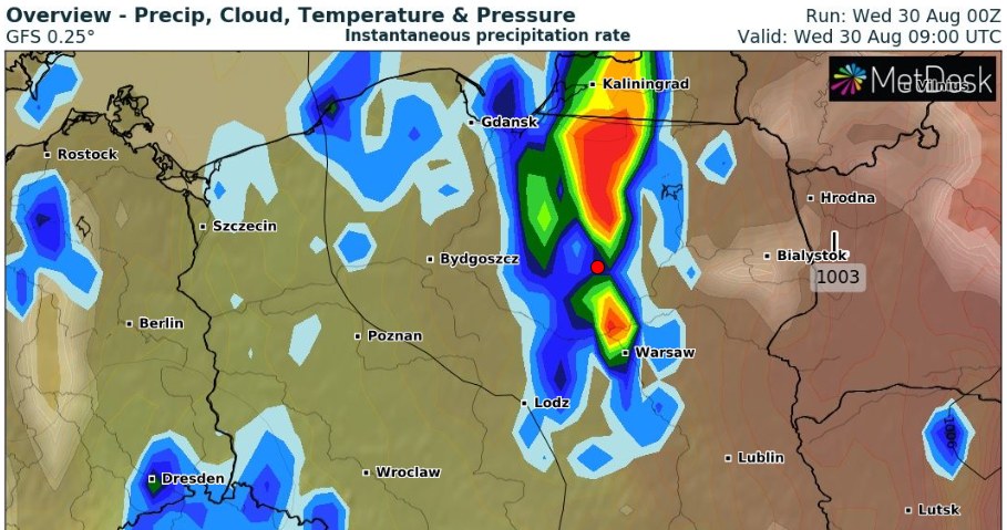 Ulewne deszcze i burze będą nękać głównie wschód kraju. Suma opadów deszczu może lokalnie wynieść 40 mm /wxcharts