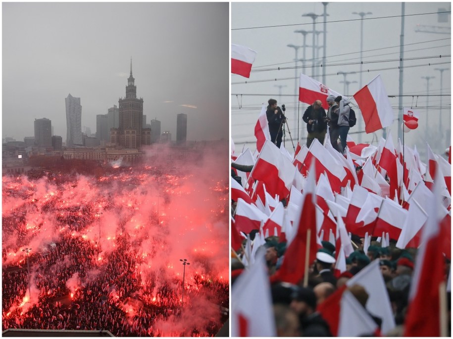 Ulicami Warszawy - jedną trasą - idą prezydencki Marsz "Dla Ciebie Polsko" i Marsz Niepodległości środowisk narodowisk /Radek Pietruszka, Tomasz Gzell /PAP