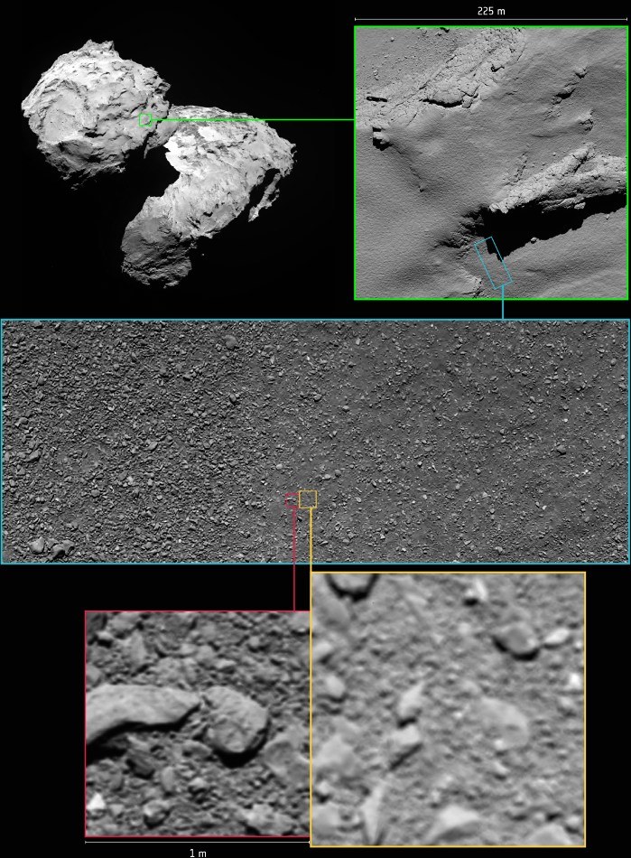 Ułożenie dwóch ostatnich zdjęć z misji Rosetta (na czerwono – zrekonstruowane zdjęcie) /materiały prasowe