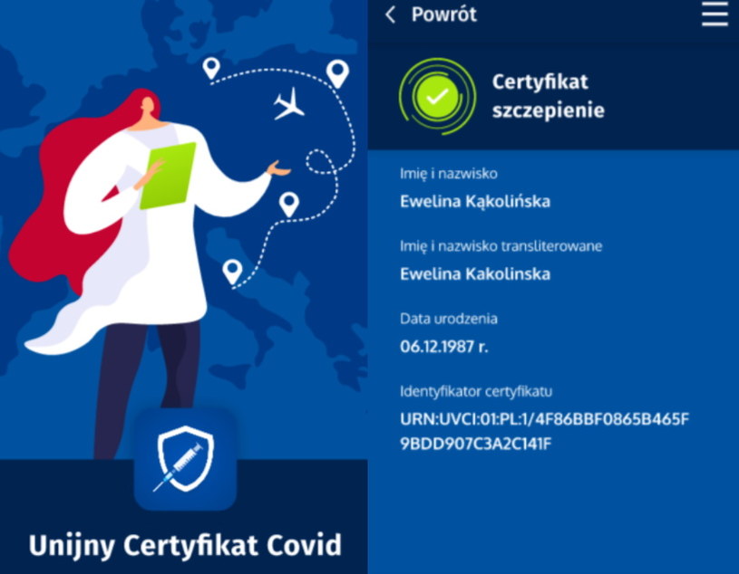 Unijny Certyfikat COVID - zrzuty ekranu z aplikacji w wersji dla systemu Android /materiały prasowe