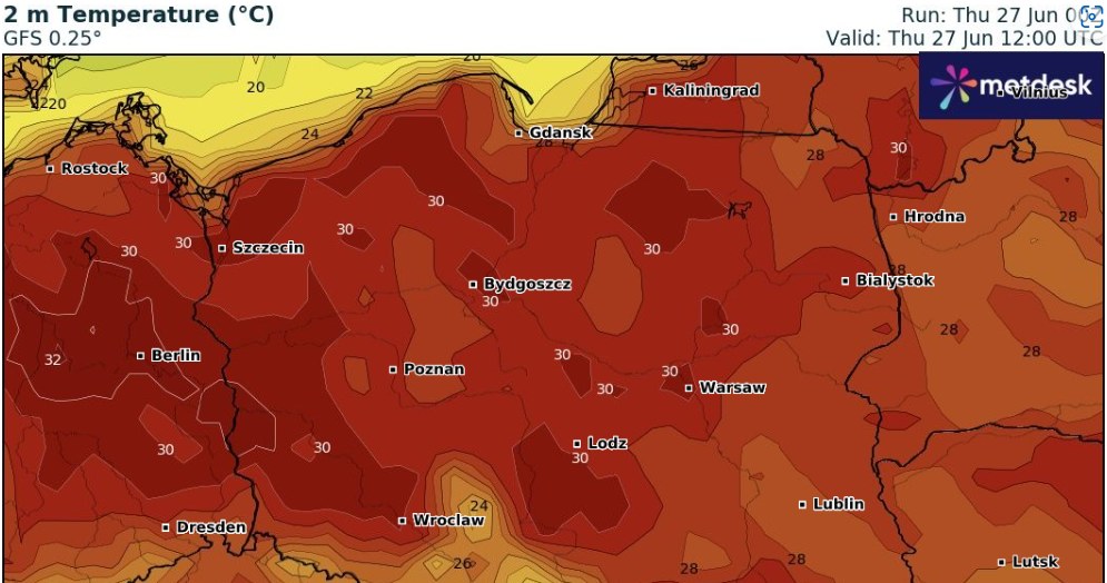 Upał w czwartek opanuje cały kraj. Miejscami będzie do 32 stopni Celsjusza /wxcharts /