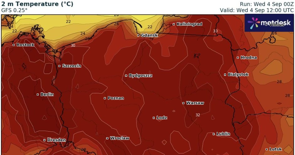 Upalnie będzie w całym kraju. Najsilniejsze upały prognozowane są na zachodzie. Miejscami może być do 32 st. C /wxcharts /