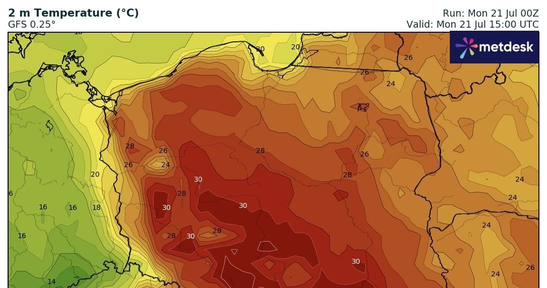 Upały opanują przede wszystkim zachodnią i południową cześć kraju. Nieco chłodniej będzie tylko na północy i północnym wschodzie /wxcharts /
